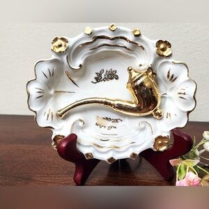 Vintage Porcelain White and Gold Tobacco Pipe Ashtray Made in West Germany 1960s
